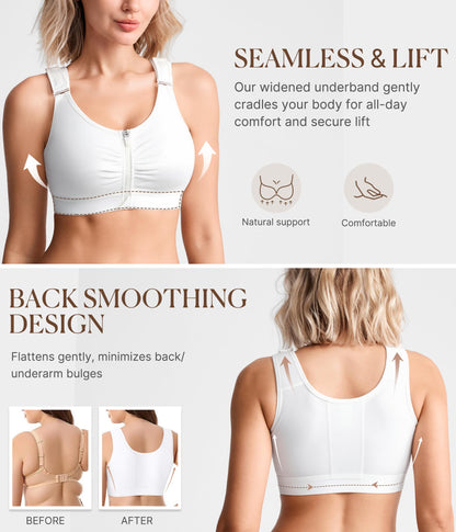 BRABIC Zip Front Closure Everyday Bra for Women Post Surgery Compression Support with Adjustable Straps Wirefree (Medium, White)