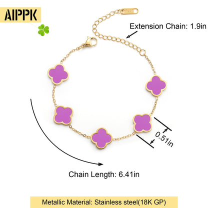 AIPPK 18K Gold Plated Clover Lucky Bracelet for Women White/Black/Red/Green Flower Four Leaf Link Bracelets Trendy Jewelry Gifts for Women (Purple)