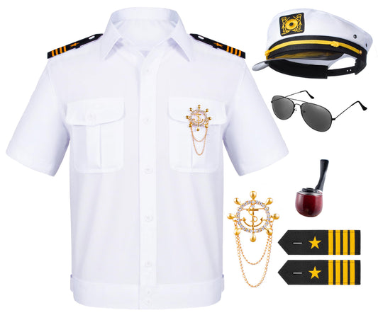 6PCS Men's Yacht Captain Sailor Costume Adult Shirt Hat Accessories Set Party Cosplay X-Small White
