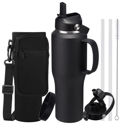 32 40 OZ Stainless-Steel Cup with Handle - Vacuum Insulated Water Bottles with Straw, Strap Carrier Bag & Protective Boot, Leak Proof Coffee Tumbler Thermo Flask Cups for Car Office Gym