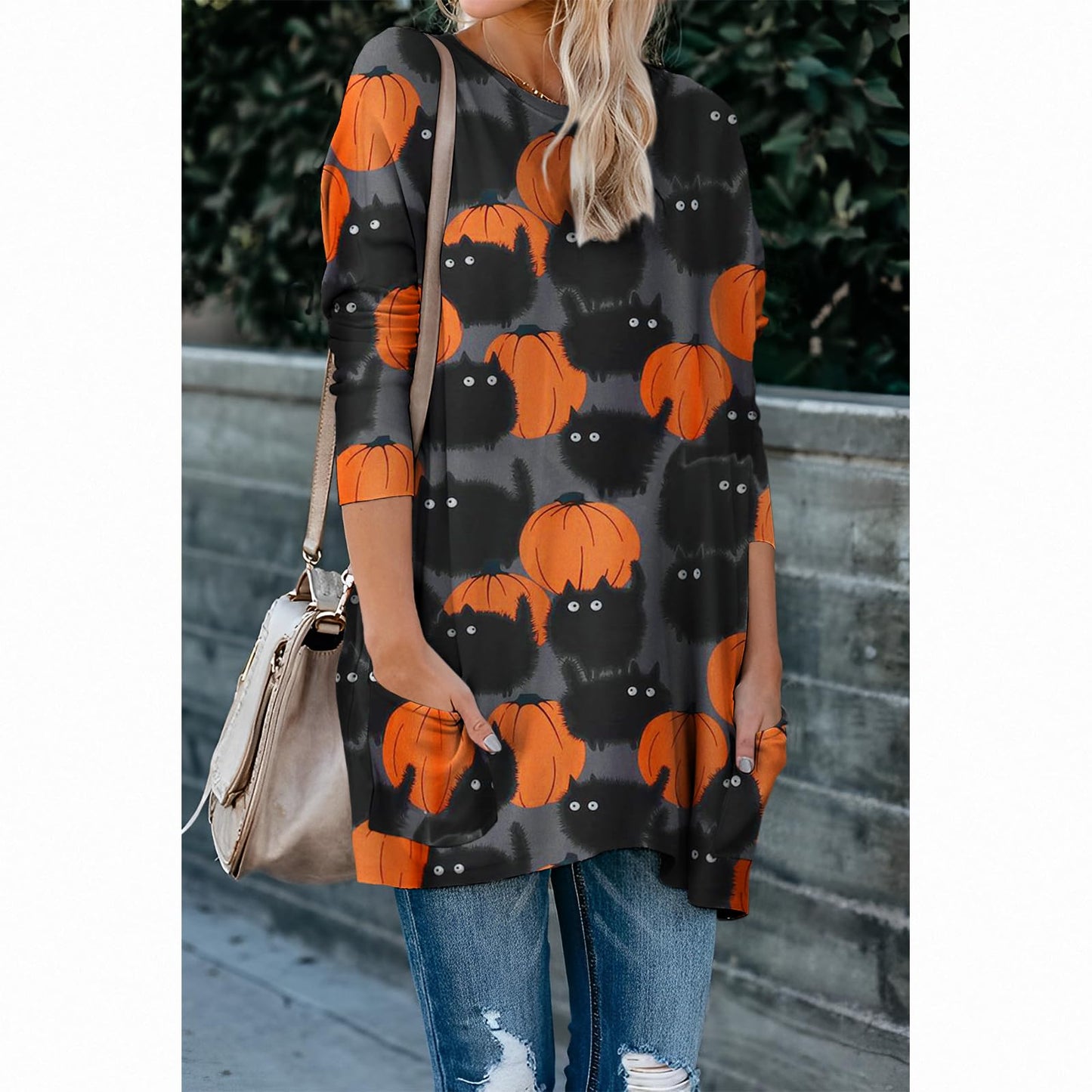 BOUTIKOME Womens Halloween Pumpkin Sweatshirt Black Cat Long Sleeve Crewneck Pullover Shirts with Pocket Tunic Tops (Dark Grey, XX-Large)