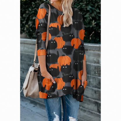 BOUTIKOME Womens Halloween Pumpkin Sweatshirt Black Cat Long Sleeve Crewneck Pullover Shirts with Pocket Tunic Tops (Dark Grey, X-Large)