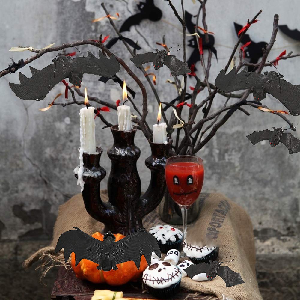 BigOtters 12pcs Halloween Hanging Fake Bats, Halloween Decorations Rubber Vampire Bats Wall Decor for Haunted House Party