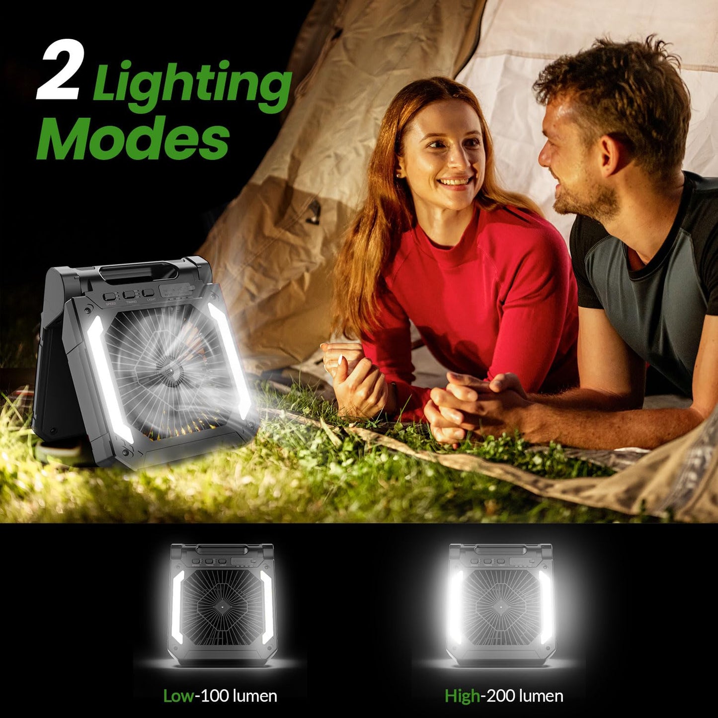 20000mAh Portable Fan Rechargeable with Solar Panel 2-in-1, 3 Speeds Cordless Battery Powered Fan with Led Lantern,Timer, Quiet USB-C Table Fan for Travel Tent Hurricane Office Home Bedroom (Black)