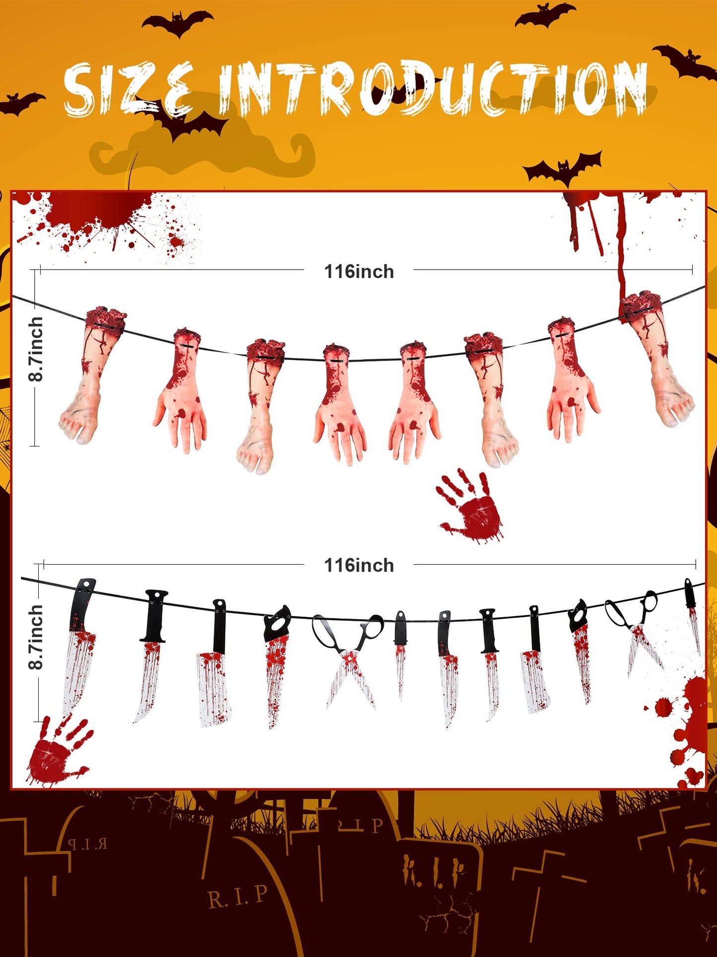 6 Sets Halloween Bloody Garland Banner, Include 48 Garland and 16 Fake Scary Broken Hands and Feet Hanging Decor, Halloween Party Decoration Scary Banner Supplies