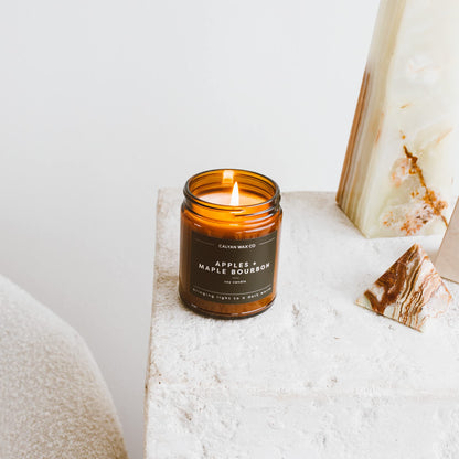 Calyan Wax Co. Soy Wax Candle, Apples + Maple Bourbon Scented Candle, 57 Hour Burn Time, Aromatherapy Soy Candles, Non Toxic & Vegan Soy Wax, Amber Glass Jar Scented Candles, 7.2oz