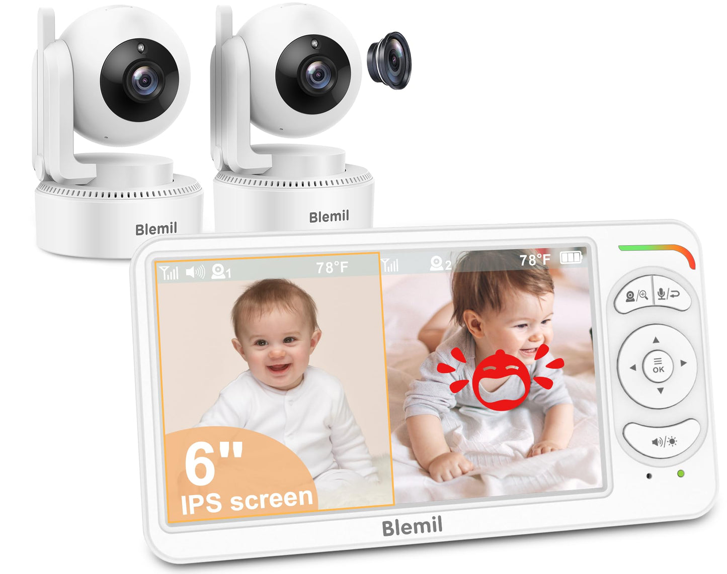 6" Baby Monitor with 2 Cameras and Audio 30 Hours Battery Upgrade Split Screen Video Baby Monitor Remote Pan-Tilt-Zoom 178°Wide-Angle 150 Languages No WiFi ECO 2-Way Talk Night Vision 1000ft Travel