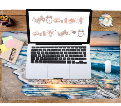 4-in-1 Large Gaming Mouse Pad, Keyboard Wrist Rest Pad & Wrist Support Mousepad Set, Extended Desk Pad Waterproof Desk Mat for Home Office Study Game-Beach