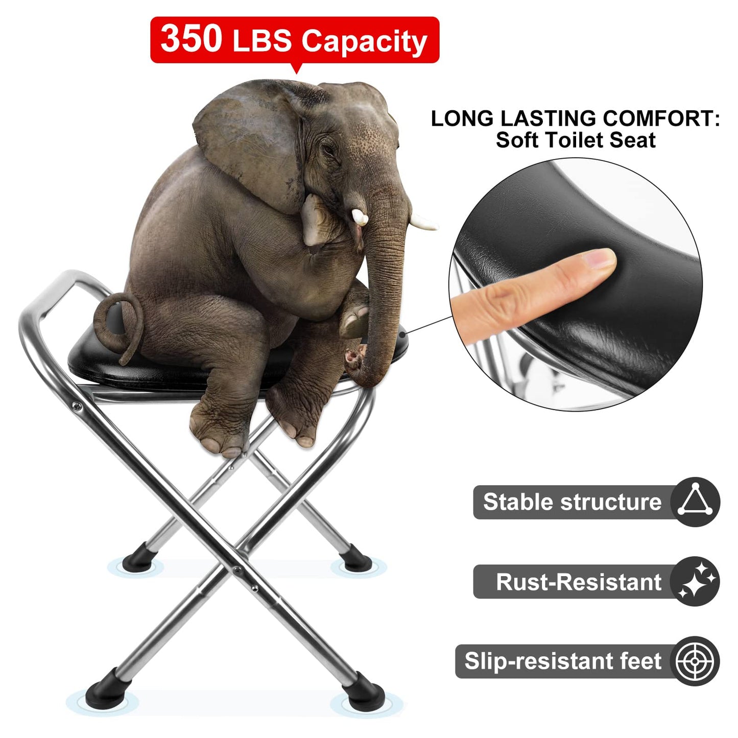 BLIKA Portable Toilet for Camping, 350LBS Stainless Steel Foldable Camp Travel Toilet with Soft Seat for Adults, Portable Potty for Camping, RV Travel, Road Trips