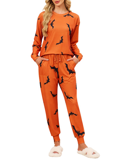 Blooming Jelly Womens Cute Pajama Sets Soft Halloween Pajamas Side Slit Sleepwear Loungwear with Pockets (L, Orange)