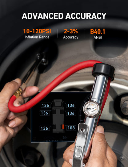 AstroAI 25.6'' Heavy-Duty Tire Pressure Gauge with Inflator, Dual Head Chuck ANSI B40.1 Accurate Tire Inflator with Pressure Gauge, 10-120PSI, Compatible with 1/4" NPT Air Compressor
