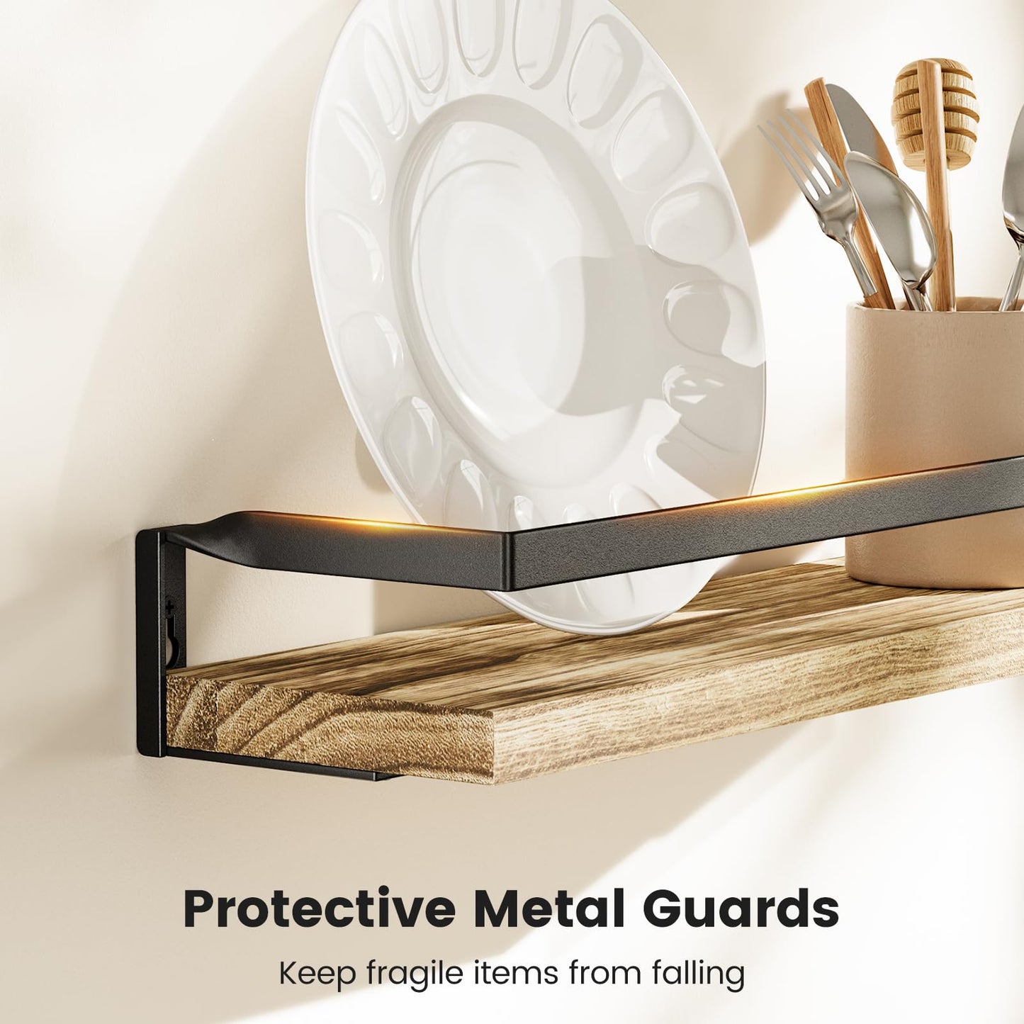 AMADA HOMEFURNISHING Bathroom Shelves with Towel Bar, Floating Shelves, Wall Shelves for Bathroom/Living Room/Kitchen/Bedroom, Light Brown Shelves Set of 2 - AMFS01