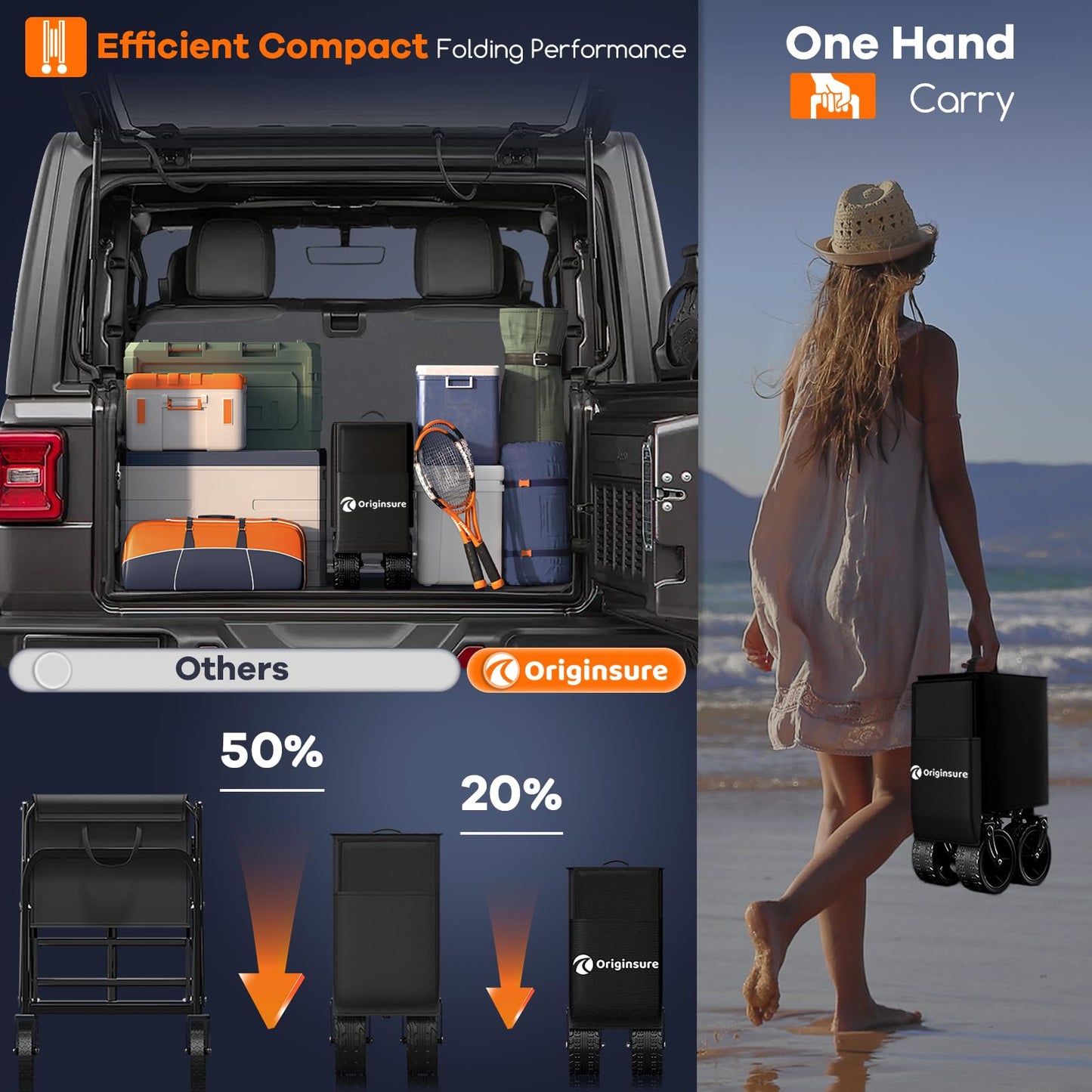 48" L Collapsible Wagon Cart Foldable, 560LB Weight Capacity 300L Heavy Duty Folding Beach Wagons with Big All-Terrain Wheels, Utility Carts for Groceries, Shopping, Camping, Sports - Black