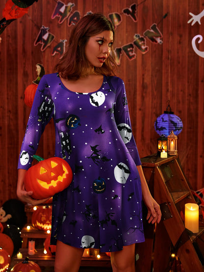 BELAROI Womens Halloween Dress Plus Size Dress Fall Dresses Casual 3/4 Sleeve T Shirt Dresses Swing Tunic Dress Pumpkin, Witch, Horror Pattern Print with Pockets (1X, Flower61)
