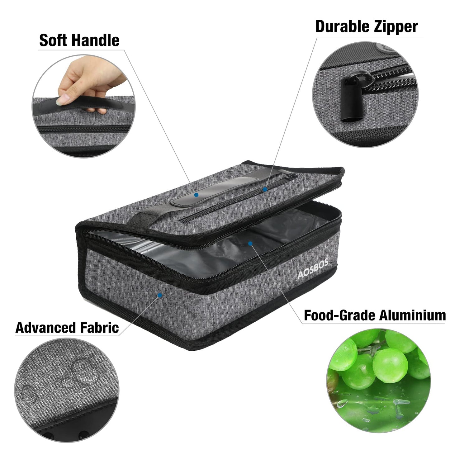 Aosbos Small Insulated Lunch Bag - Compact Lunch Box for Portion Control, Work & Office, Grey