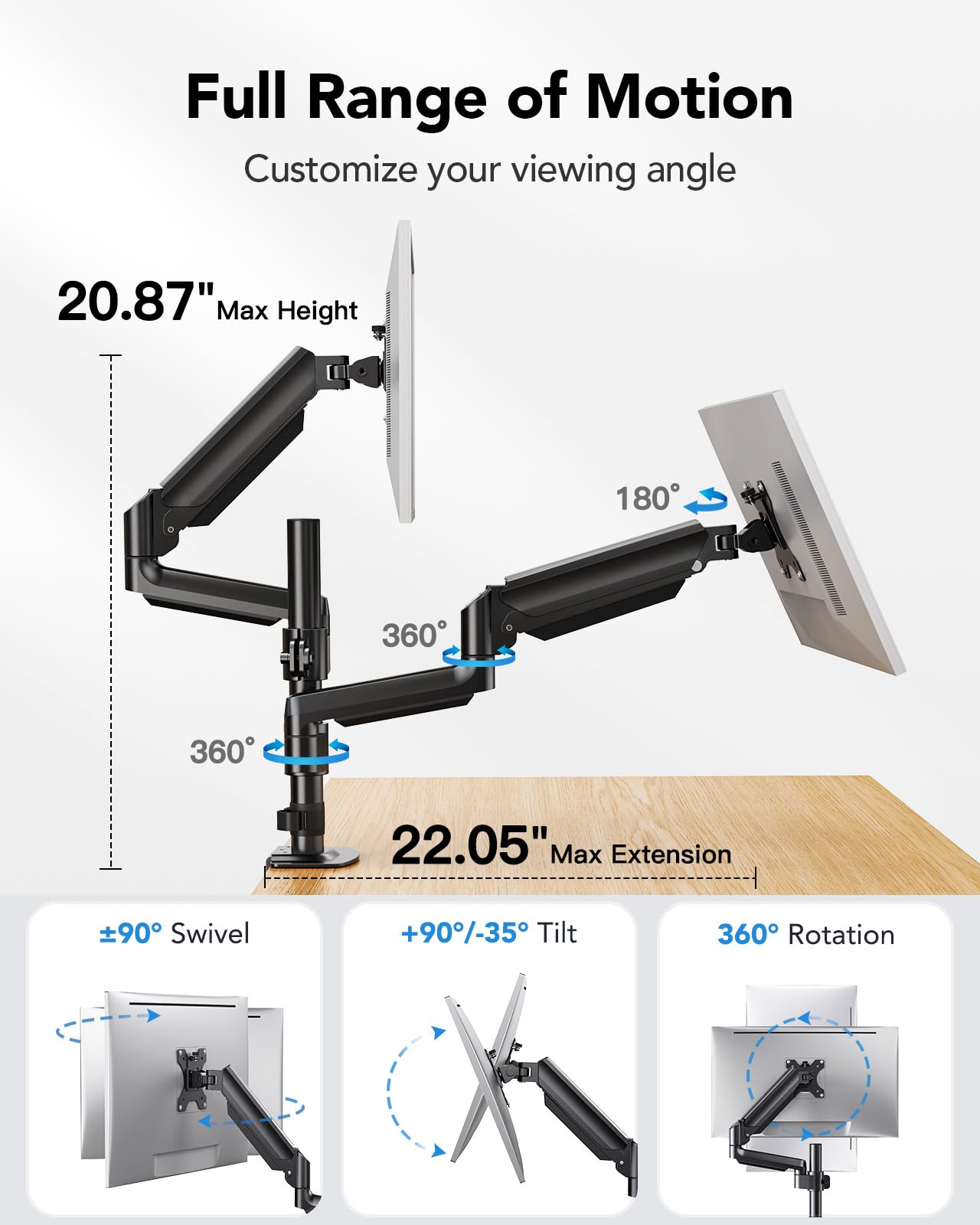 HUANUO Dual Monitor Mount up to 32 inches Screens, Taller Monitor Stand Hold 19.8lbs, Dual Monitor Arm Desk Mount Easy Adjustable with Tilt, Swivel, Rotation, VESA 75/100mm