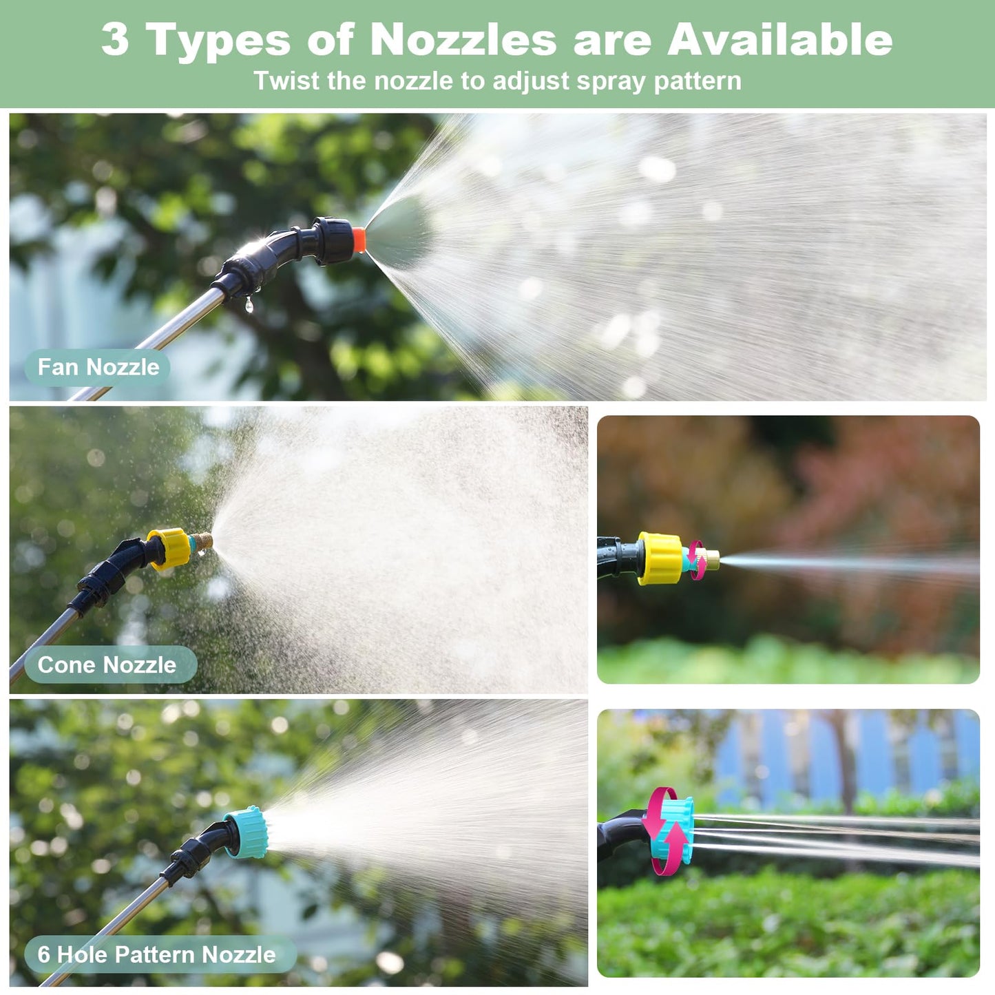 Battery Powered Sprayer 1.35Gallon/5L, 2025 Upgraded Electric Sprayer in Lawn and Garden with 3 Adjustable Force, Battery Indicator, Rechargeable Handle, Telescopic Wand,3 Mist Nozzles,Shoulder Strap