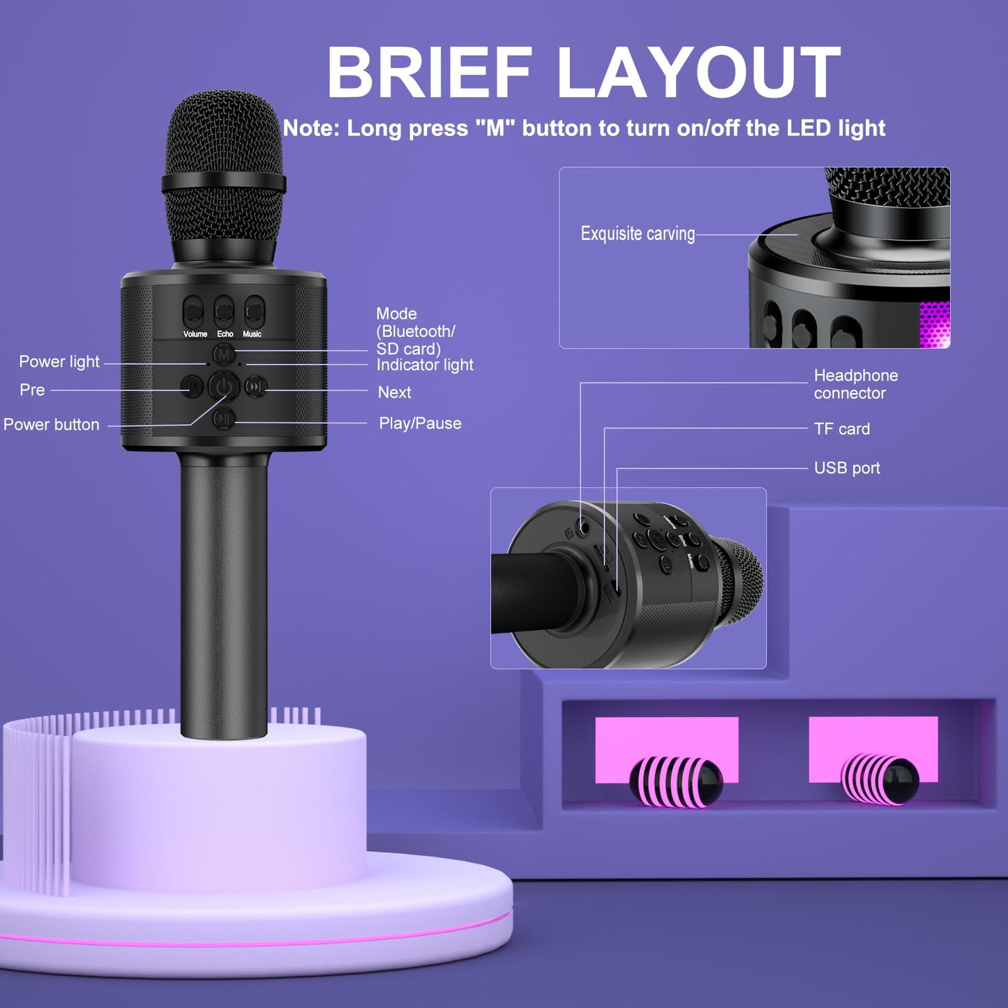 BONAOK Karaoke Microphone for Kids & Adults - Bluetooth Microphones Singing Mic with Disco Lights, Echo Effect, Built-in Speaker Portable Karaoke Player for Party Travel Gifts Q78(Black)