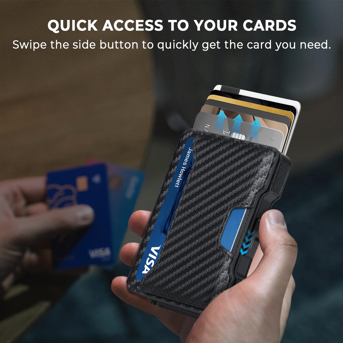 BESSIO Slim Wallet for Men - Minimalist Mens Wallet with Money Clip, Aluminum Pop Up Card Case and Leather Slots Credit Card Holder RFID Blocking Wallet for Men with Gift Box (Carbon Fiber)