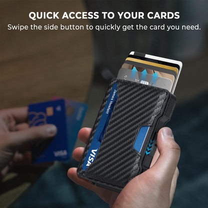 BESSIO Slim Wallet for Men - Minimalist Mens Wallet with Money Clip, Aluminum Pop Up Card Case and Leather Slots Credit Card Holder RFID Blocking Wallet for Men with Gift Box (Carbon Fiber)