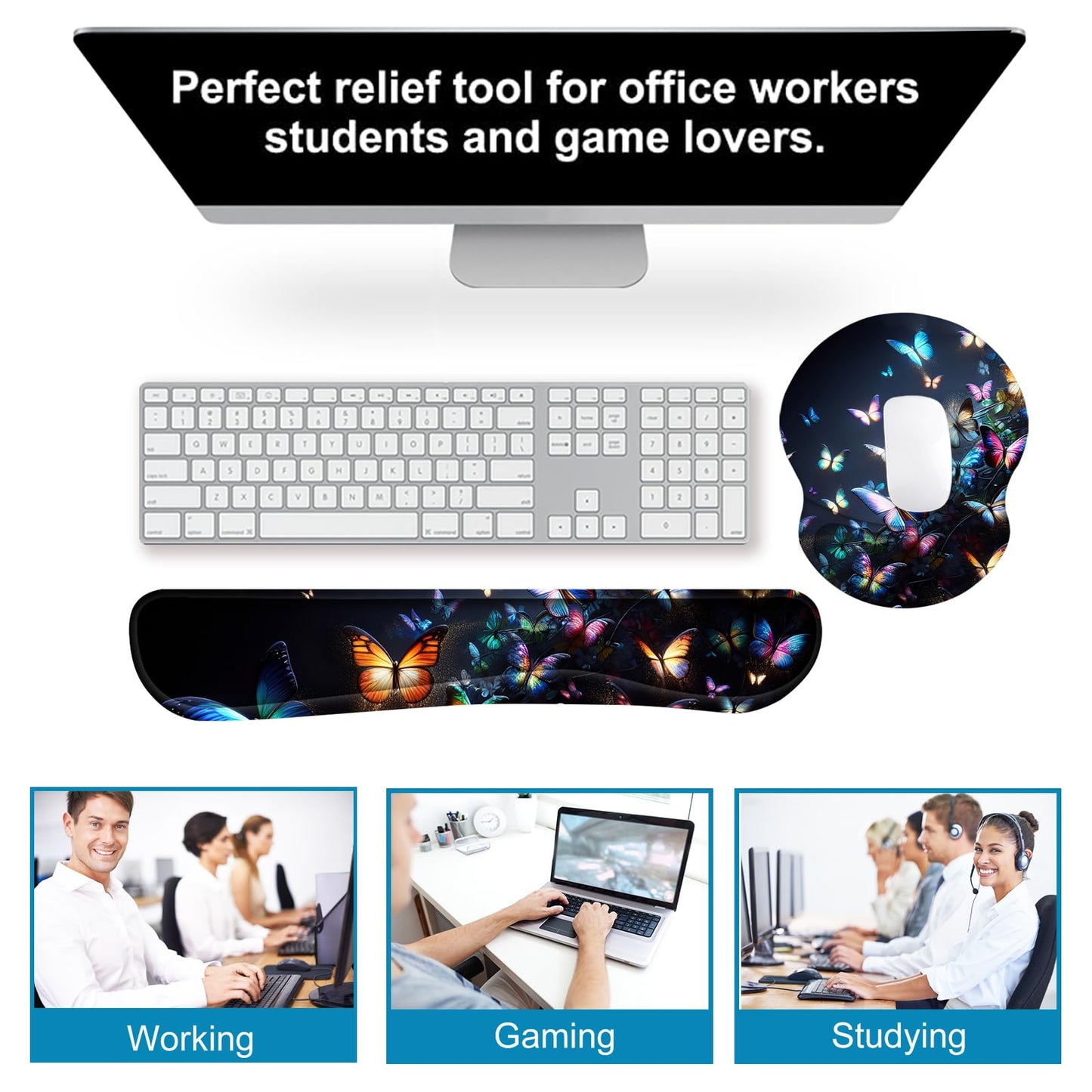 ARTSO Ergonomic Mouse Pad with Wrist Rest, Comfortable Keyboard Wrist Rest, Memory Foam Mousepad for Computer Keyboard, Mouse Pad Set for Easy Typing, Pain Relief, Night Butterfly
