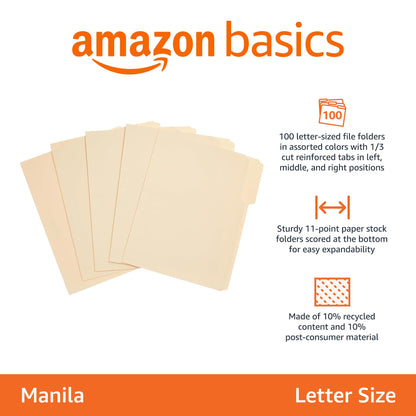Amazon Basics File Folders with Tabs for Filing, 1/3-Cut Tab, Assorted Positions, 8.5x11 inches, Letter Size, Manila, Pack of 100