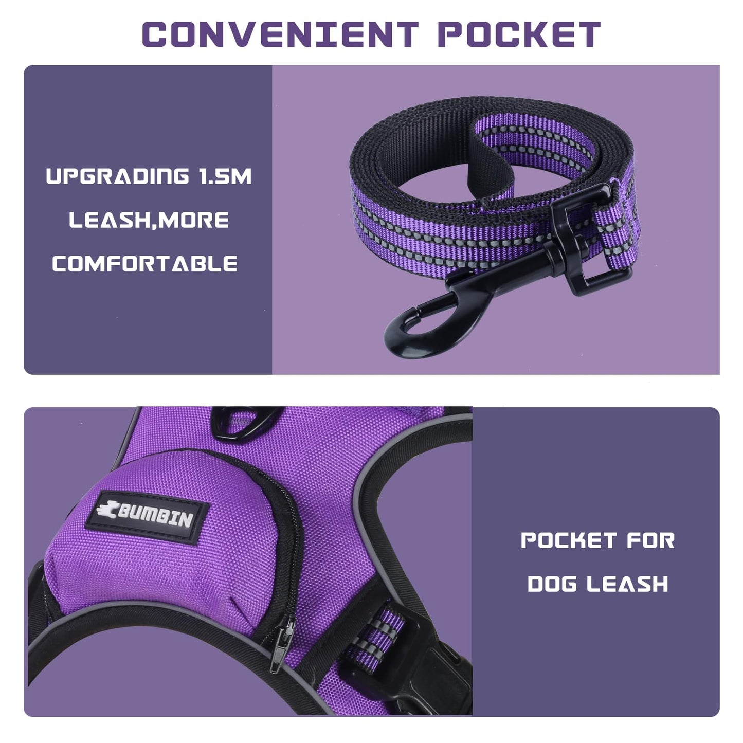 BUMBIN Dog Harness for Large Dogs, No Pull Adjustable No Choke Pet Vest with Dog Leash Fit Smart Reflective Pet Walking Harness for Training Easy Control Soft Handle Purple M