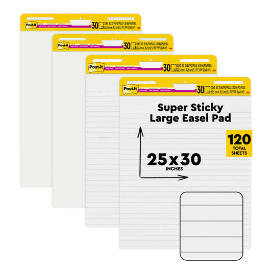 Bundle of Post-it Super Sticky Easel Pad 25 in x 30 in, 2 White Pads + 2 Lined Pads, 30 Sheets/Pad, Self Stick Flip Chart Paper, Teacher Anchor Flip Chart Paper, Super Sticking Power