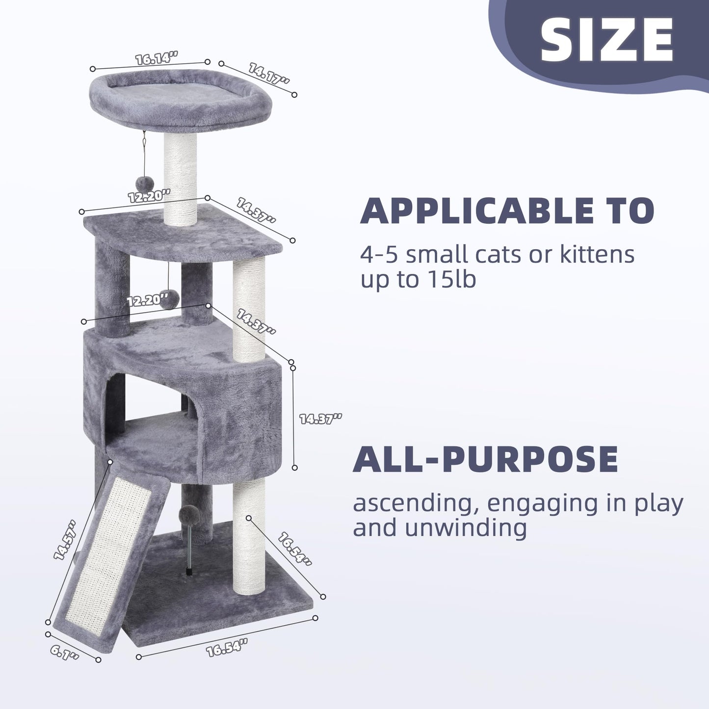 HUITREE 45in Cat Tree Tower with Big Condo for Indoor Kitten,Cat Tower with Scratching Post,Scratching Board and Cat Toys,Multi-Level,Small Space,Transformer Cat Tree, Grey(New)