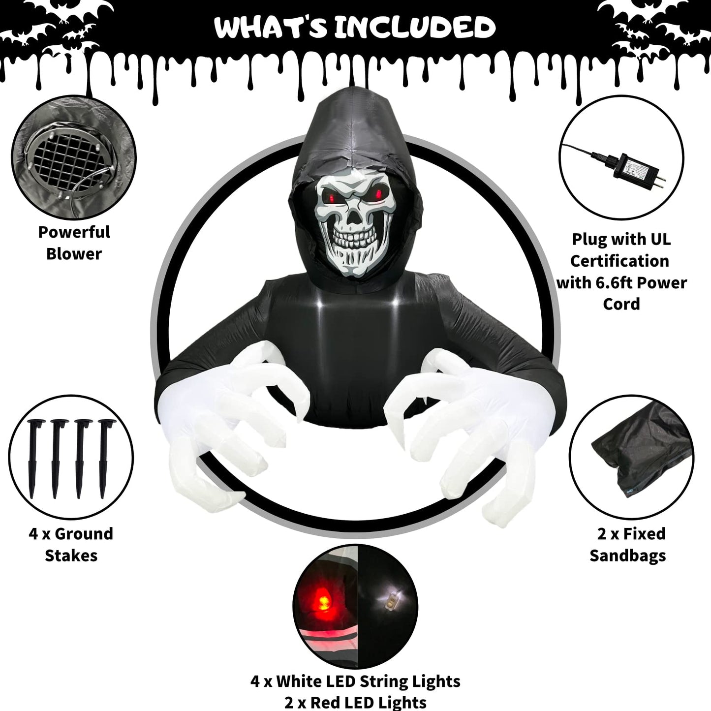 Buheco Inflatable Halloween Decorations Outside Grim Reaper 6FT Giant Scary Blow Up Skeleton Spooky Ghost Outdoor Yard Decor Inflatables Built in LED Lights for Indoor and Lawn Garden Party Holiday