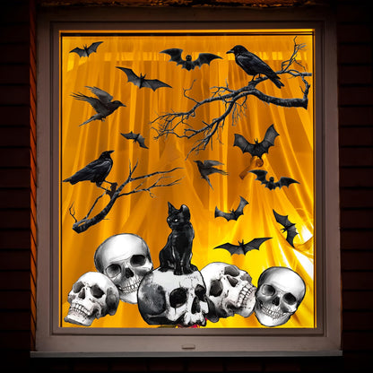 Whaline 6 Sheets Halloween Window Clings Graveyard Black Crow Bat Skull Reusable Window Decals for Gothic Party House Office School Home Glass Decor