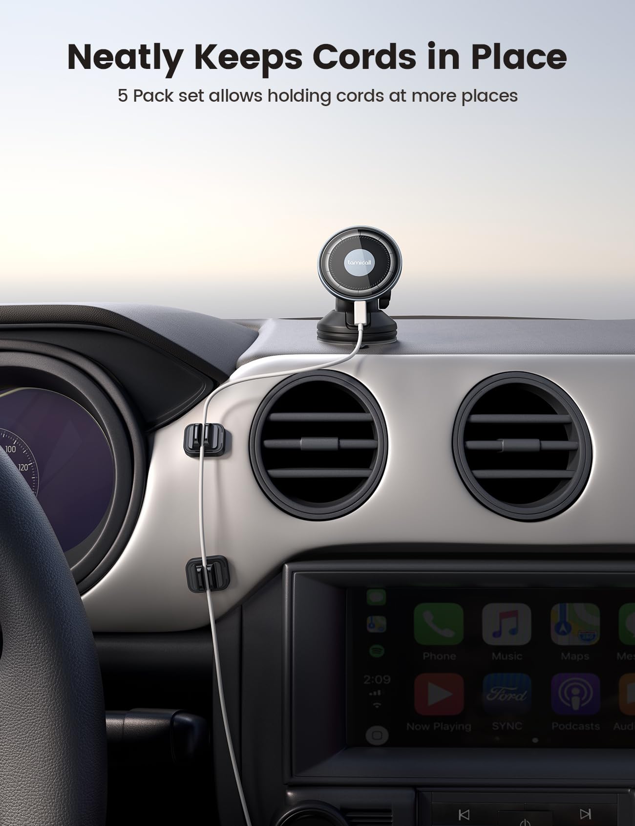 5Pack Cable Spring Holder Clips, Cord Organizer for Desk - Lamicall Adjustable Cord Wire Holder Keeper, Phone Charger Organizer Clips, Wire Cable Management for Nightstand Wall Car Office Desktop