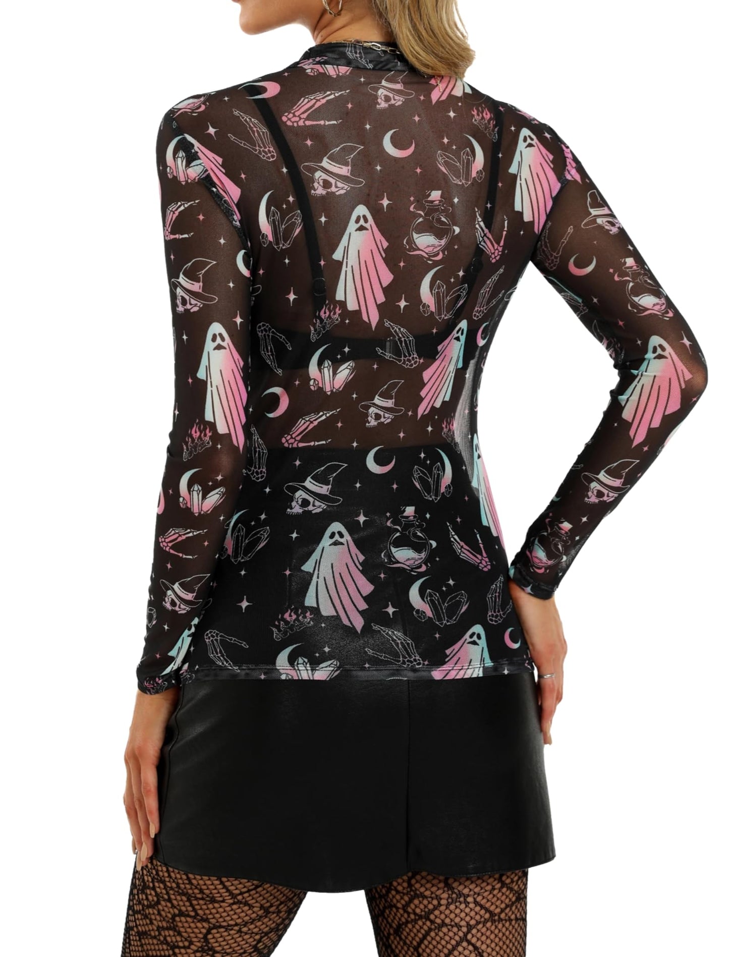 BemorRun Floral Mesh Long Sleeve Tops for Women Mock Neck See Through Fitted Sexy Going Out Top(Black Pink Specter,XL)