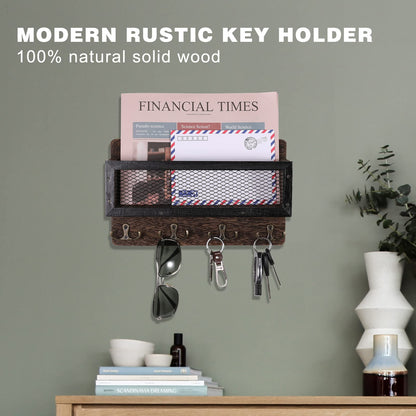 ADIIL Mail and Key Holder for Wall Decorative, Wooden Wall Mount Key Rack Hanger Organizer with 4 Double Key Hooks, Rustic Home Decor for Entryway Hallway, Brown