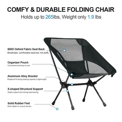 CAMEL CROWN Portable Camping Chair Lightweight Compact Folding Chair Mesh for Outdoor Camp Travel Beach Picnic Festival Hiking Backpacking Black