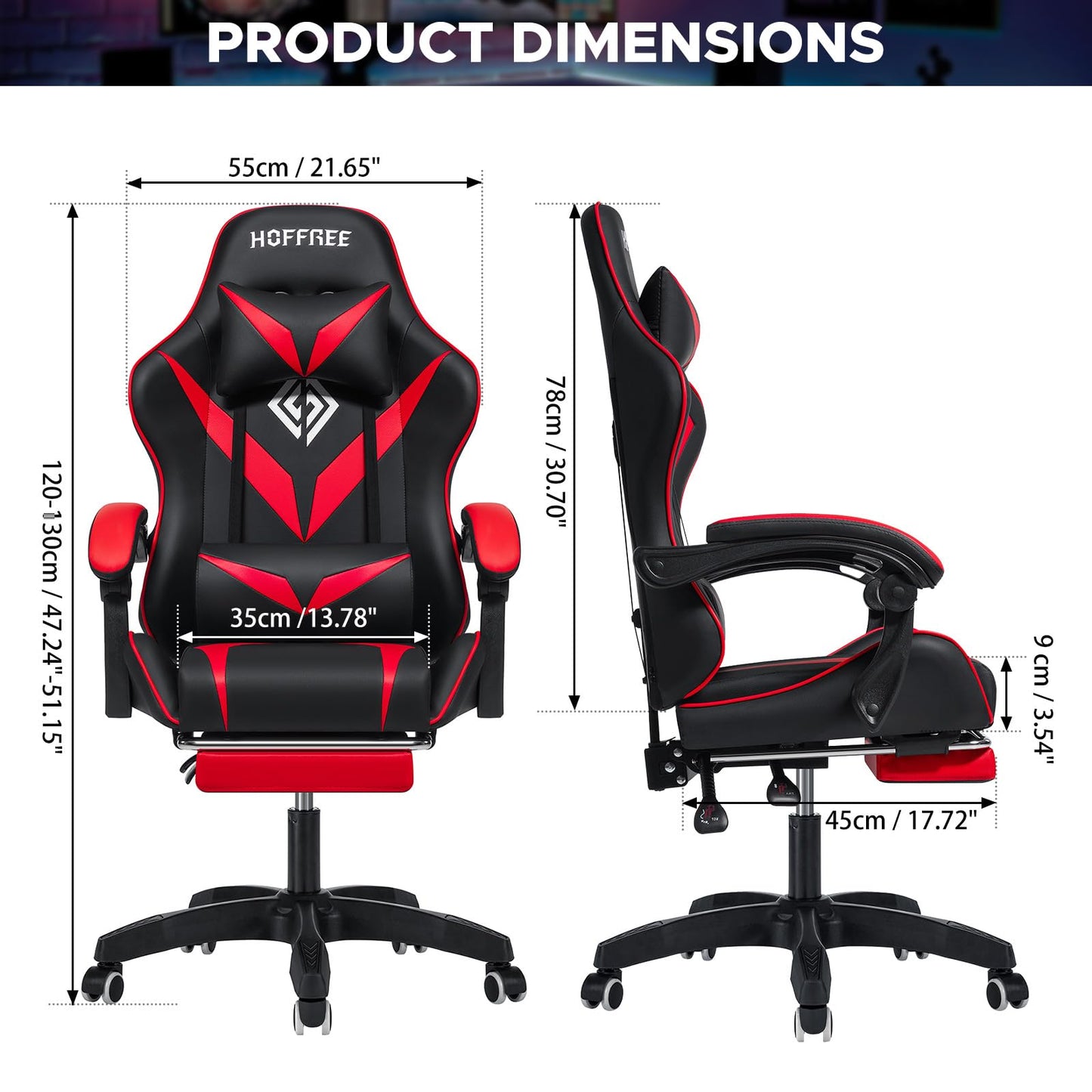 HOFFREE Massage Gaming Chair for Kids Computer Gamer Chair with Footrest and Lumbar Support Reclining PC Game Chair with Headrest for Gaming Room Red and Black