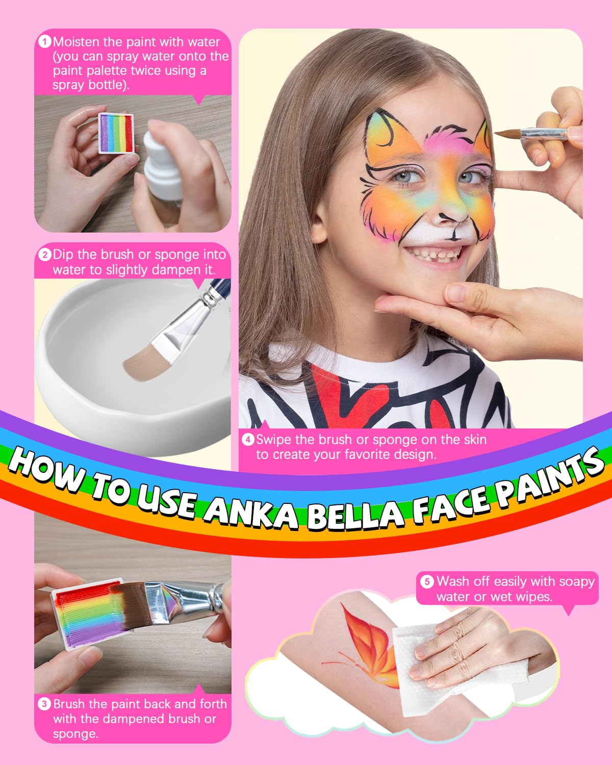 Anka Bella Professional Face Painting Kit for Kids,12X10gm Water Activated Rainbow Cake Face Paint with Stencil & Brushes,Hypoallergenic & Non-Toxic,Gift for Birthday Parties/Halloween/Carnival