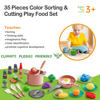 35Pcs Kids Kitchen Toy Accessories, Toddler Pretend Cooking Playset with Play Pots, Pans, Utensils, Cookware, Play Food Set, Toy Vegetables, Learning Gift for Girls & Boys (Pink)