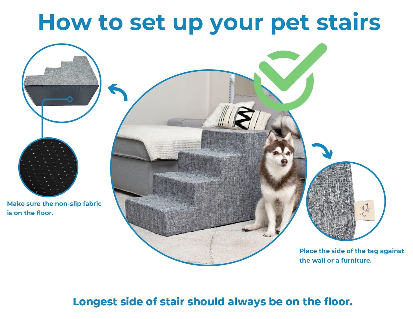 Best Pet Supplies Dog Stairs & Steps - Foam Steps for Small Dogs & Cats, Non-Slip Indoor Balanced Pet Step Support, Dog Ramp, No Assembly, Ash Gray Linen, 4-Step (18-inch Height).