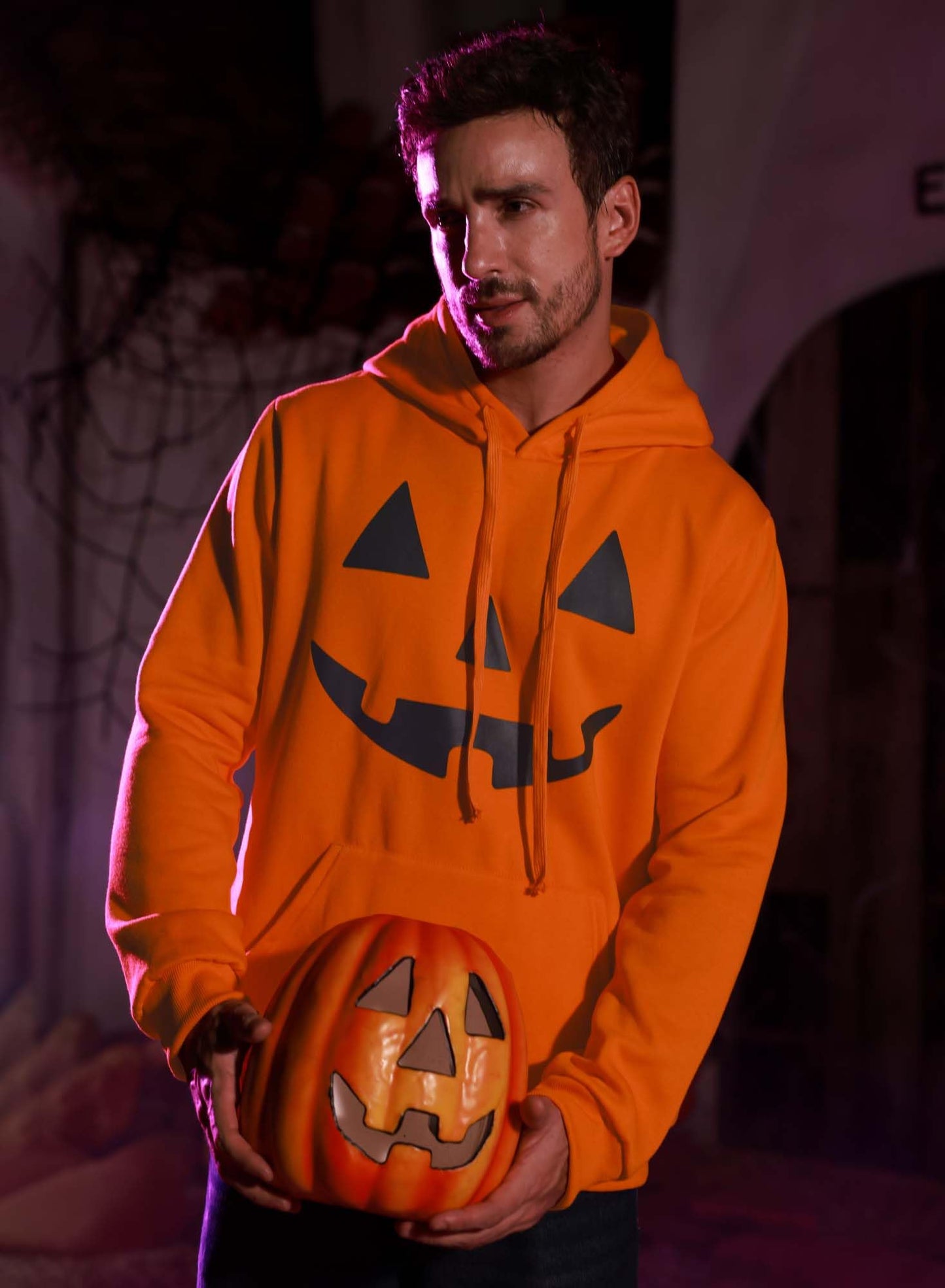 Arvilhill Men's Stylish Halloween Sweatshirt Long Sleeve Pumpkin Hoodie Jack O' Lantern Daily Costume Drawstring Orange XL