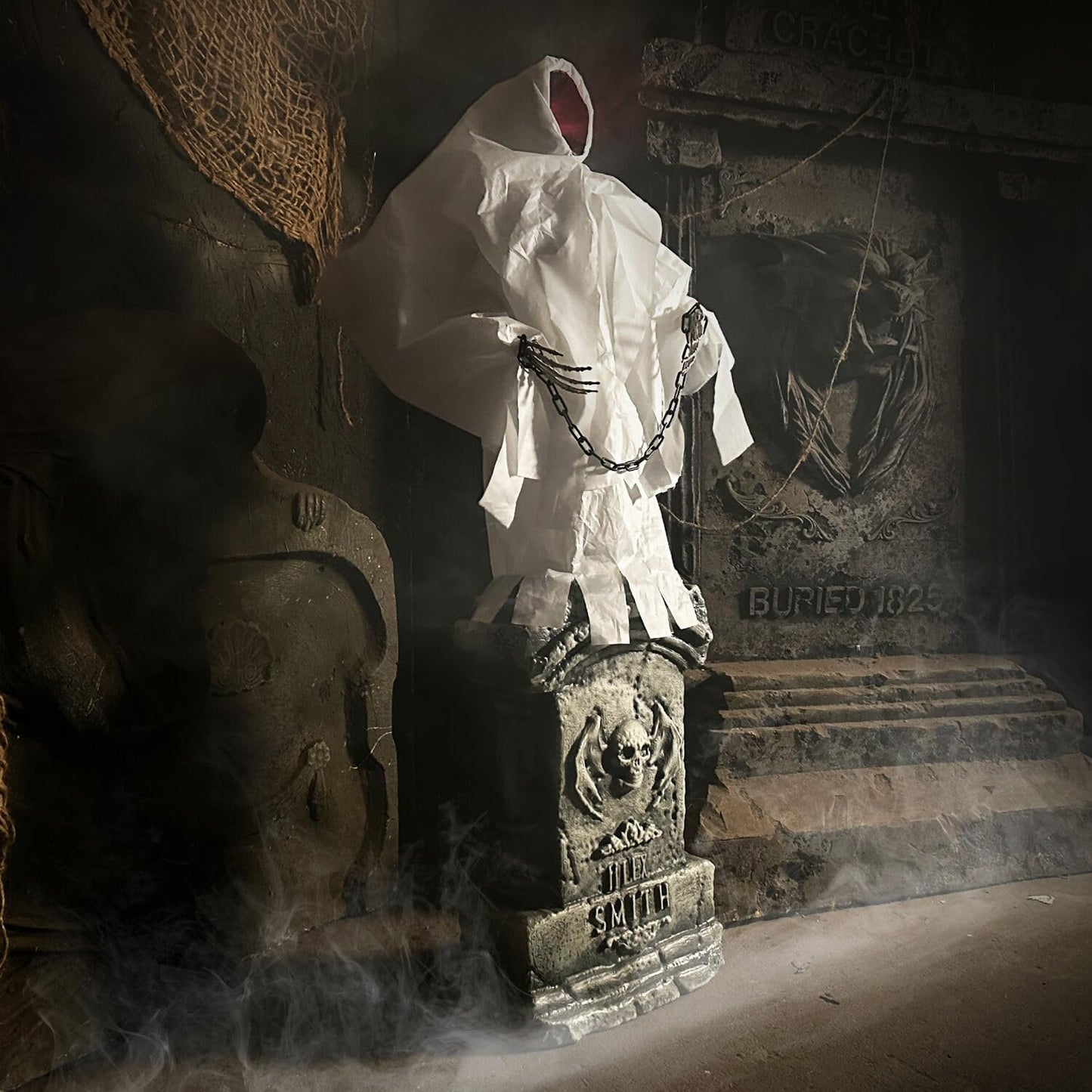 Haunted Hill Farm 4.2-Ft Animated Spectre on Tomb, Halloween Accessory, Scary Horror Movie Party Decoration, Creepy Ghost Prop, Spooky Occult Indoor Décor with Touch-Activated Lights & Sound