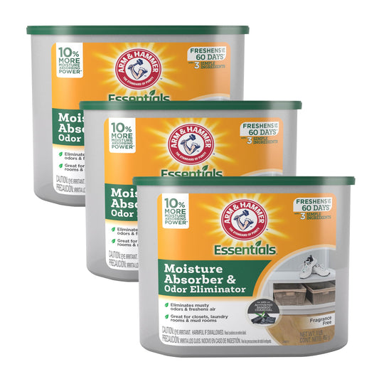 Arm & Hammer Essentials Disposable Moisture Absorber and Odor Eliminator Tub, Fragrance Free, 1 lb., Attracts and Traps Excess Moisture, Ideal Closet Dehumidifier (Pack of 3)