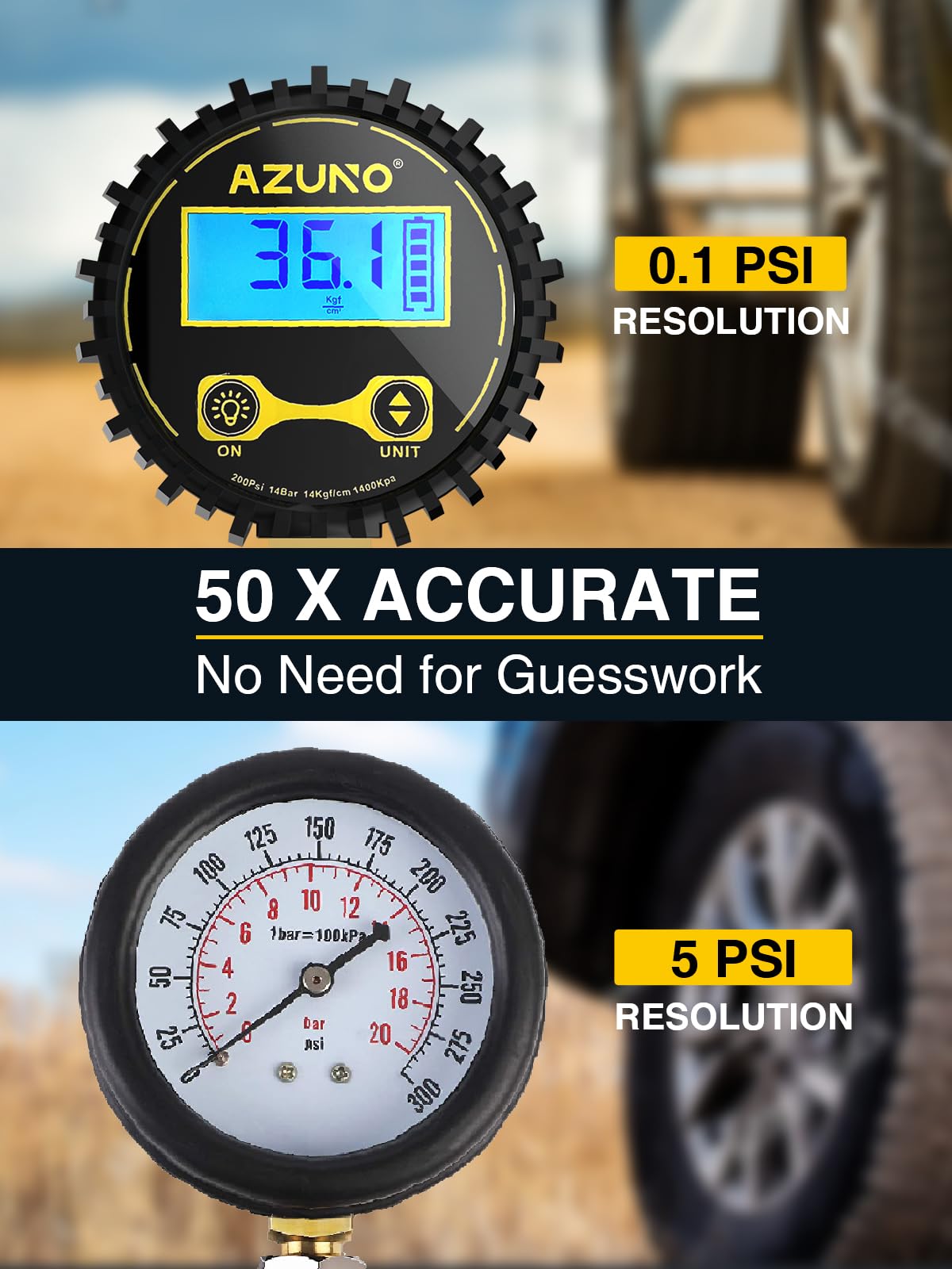 AZUNO Digital Tire Inflator with Pressure Gauge, 200 PSI, Heavy Duty Air Compressor Accessories, with Rubber Hose Lock on Air Chuck and Quick Connect Coupler, Comes with a Portable Carrying Box