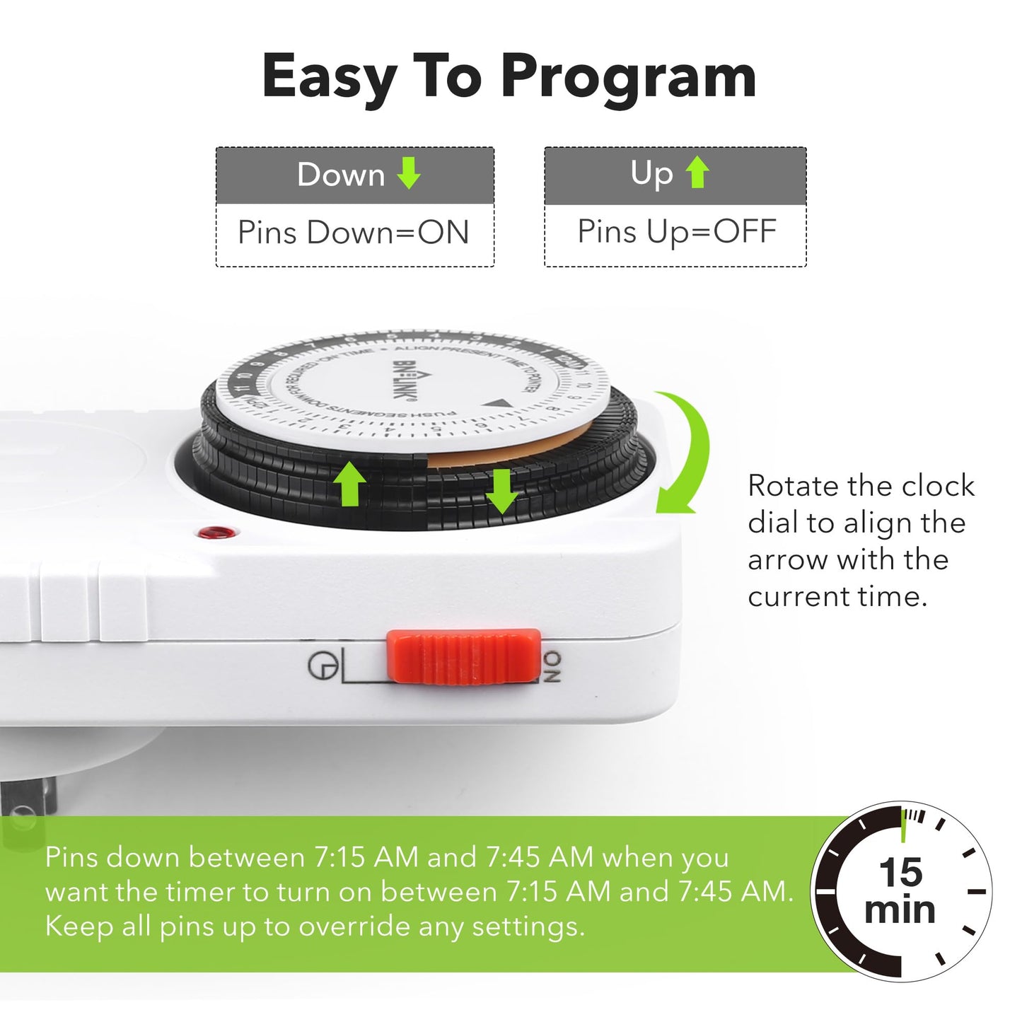 BN-LINK 24 Hour Plug-in Mechanical Timer Grounded for Aquarium, Grow Light, Hydroponics, Indoor Lighting, Home Appliances, ETL Listed 125VAC, 60 Hz, 1875W, 15A, 1/2HP (1 Pack)