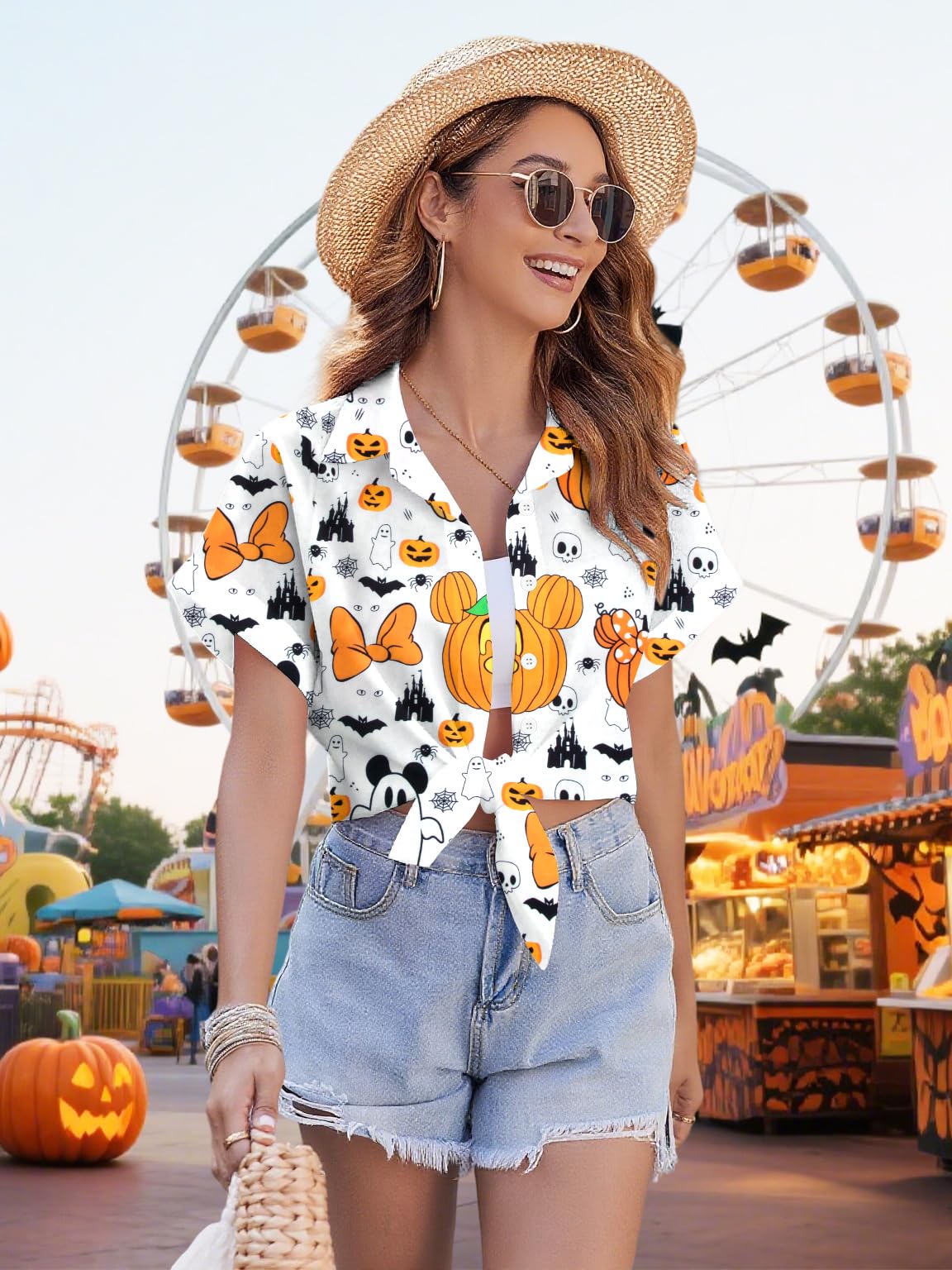 Womens Halloween Hawaiian Shirt Cute Pumpkin Spooky Castle Graphic Tee Magical Halloween Short Sleeve Button Up Tops