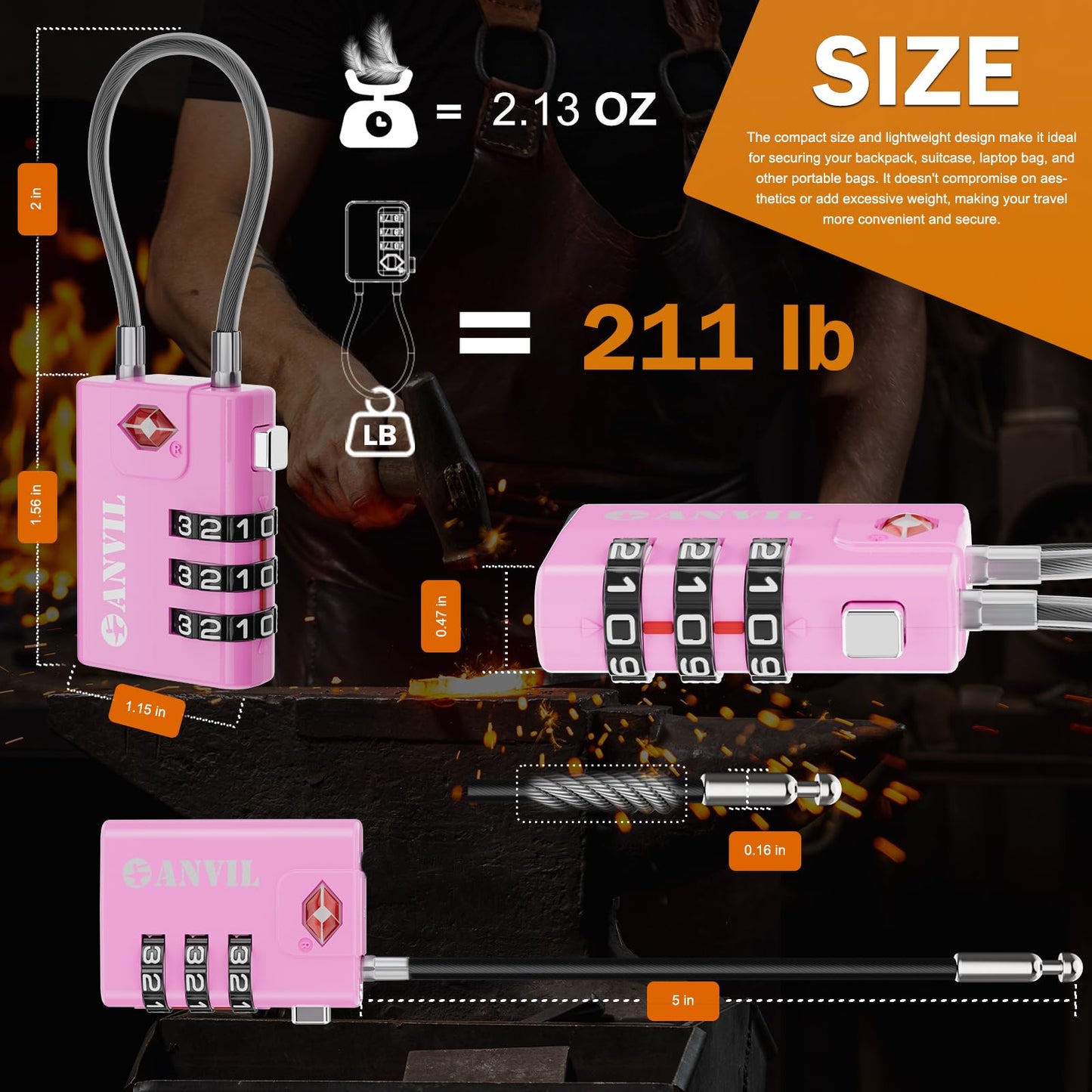 ANVIL TSA Approved Cable Luggage Locks 3 Digit Combination Padlock with Zinc Alloy Steel Cable Lock Ideal for Travel Suitcase, Backpack, Lockers,Case,Toolbox (2, Pink)