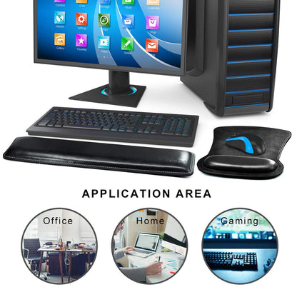 Cacoy Ergonomic PU Leather Keyboard Wrist Rest and Mouse Pad Wrist Support Set Memory Form-Filled and Non-Slip Base Easy-Typing and Pain Relief Wrist Rest for Office Computer Laptop (Black)