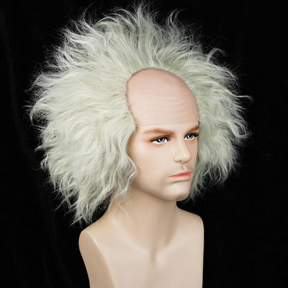 Wiggy Mermaid Unisex Silver Light Green Bald Wig Men, Short Wavy Old Man Wig Fluffy Crazy Funny Wigs + Cap for Movie Halloween Costume Party Cosplay