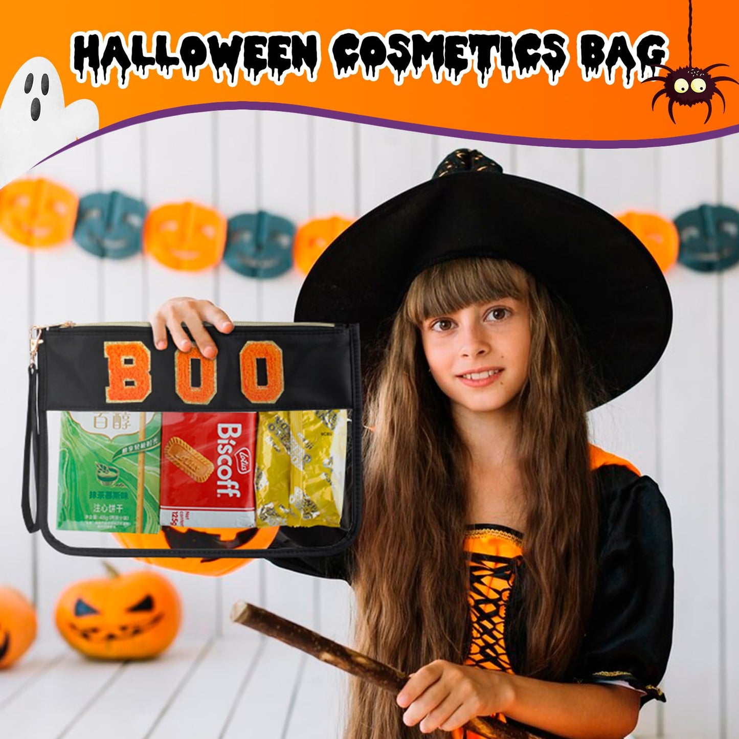 BuyCard 2 Pcs Halloween Gifts Cosmetic Makeup Bag with Boo Chenille Letter Patch, Clear Pouch PVC Organizer Purse, Waterproof Travel Bag, Portable Toiletry Storage Bag for Her Girls Friends Women