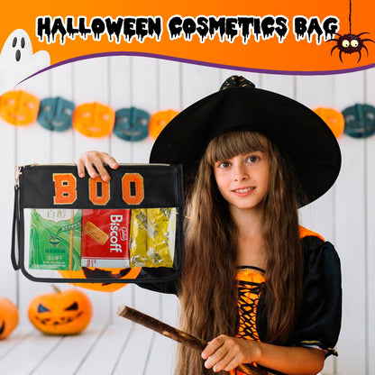 BuyCard 2 Pcs Halloween Gifts Cosmetic Makeup Bag with Boo Chenille Letter Patch, Clear Pouch PVC Organizer Purse, Waterproof Travel Bag, Portable Toiletry Storage Bag for Her Girls Friends Women